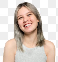 Cheerful woman png mockup in a beige tank top