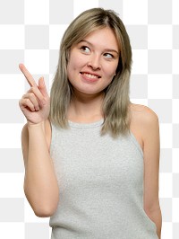 Cheerful woman png mockup in a beige tank top