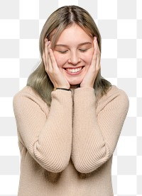 Happy woman png mockup in a beige sweater