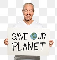 Man png mockup holding a save our planet card