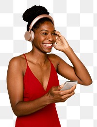 Smiling woman mockup png streaming music with smartphone digital device