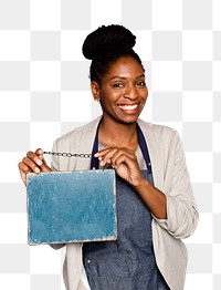 Woman holding chalkboard sign png mockup for cafe