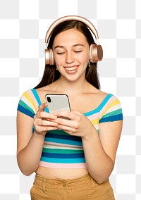 Smiling woman mockup png streaming music with smartphone digital device