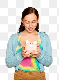 Beautiful woman mockup png holding piggy bank for financial savings campaign