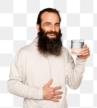 Healthy bearded man mockup png holding water glass