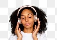 African woman png, listening to music through headphones portrait