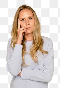 Frustrated woman mockup png hand on her temple