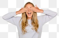 Surprised woman mockup png hands covering her eyes