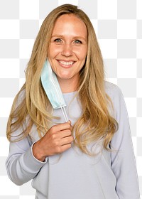 Woman taking off mask mockup png in the new normal