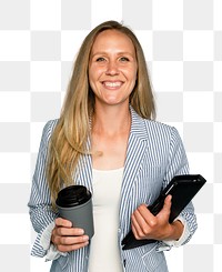 Businesswoman mockup png holding coffee cup