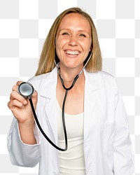 Cheerful woman doctor mockup png using stethoscope