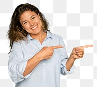 Cheerful woman mockup png pointing to the side