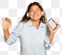 Cheerful woman mockup png dancing to music with headphones on digital device