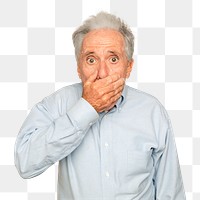 Shocked senior man mockup png with hand covering his mouth