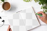 Book png mockup on wooden table with potted plants flat lay