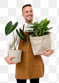 Png plant shop owner mockup holding houseplants