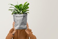 Png paper plant pot mockup with dumb cane inside held by plant lover