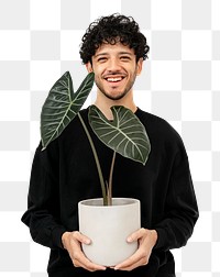 Png happy plant parent mockup  holding potted alocasia longiloba