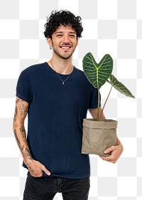 Png happy plant parent mockup  holding potted alocasia longiloba