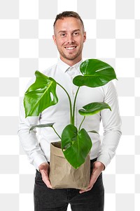 Png plant parent mockup holding potted monstera