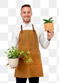 Png plant shop owner mockup holding houseplants