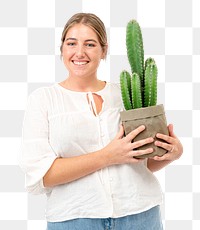 Png happy plant lady mockup holding potted cereus cactus