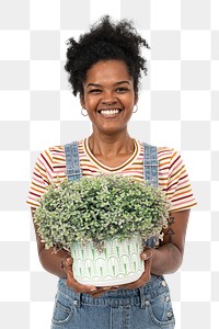 Png African American plant lady mockup holding potted shrubs