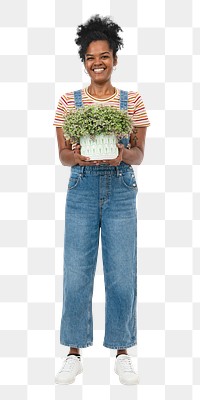 Png African American plant lady mockup holding potted shrubs