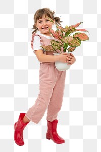 Png happy girl mockup with potted aglaonema pink lady