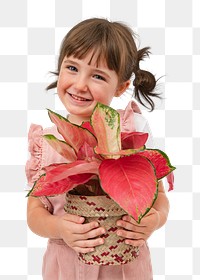 Png happy girl mockup with potted aglaonema pink lady