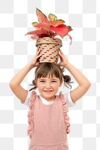 Png happy girl mockup with potted aglaonema pink lady