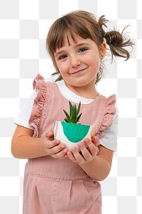 Png little girl mockup with small potted aloe vera