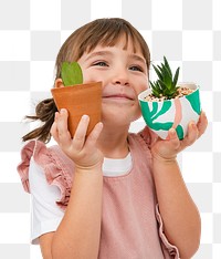 Png little girl mockup with small succulent houseplant