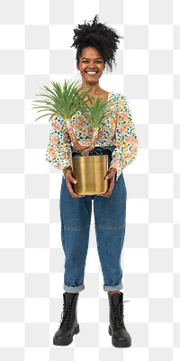 Png plant lady mockup holding potted agave