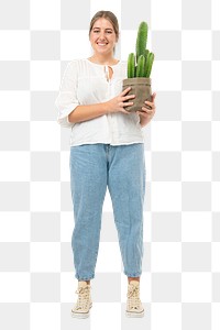 Png happy plant lady mockup holding potted cereus cactus