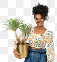 Png plant lady mockup holding potted agave