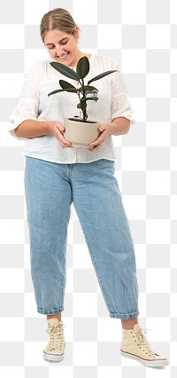 Png happy plant parent mockup holding potted rubber plant