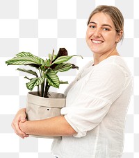 Png happy plant parent mockup holding potted calathea