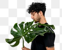 Png plant lover mockup holding monstera leaf