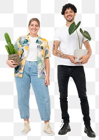 Png plant parent couple holding potted houseplants