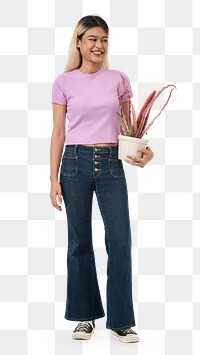 Png Asian plant lady mockup holding potted cryptanthus