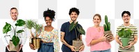 Png happy plant parents mockup holding their houseplants