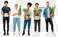 Png happy plant parents mockup holding their houseplants