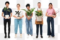 Png happy plant parents mockup holding their houseplants