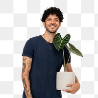Png happy plant parent mockup  holding potted alocasia longiloba
