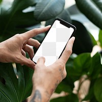 Phone png screen mockup in plant parent’s hand