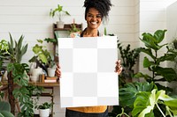 Png sign mockup held by plant lady