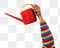 Png hand mockup holding red watering can gardening tool