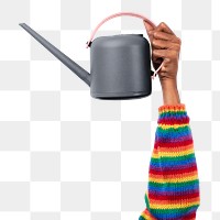 Png hand mockup holding gray watering can gardening tool