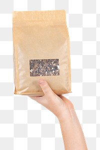 Png hand mockup holding plant fertilizer in an eco-friendly packaging bag